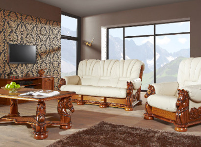 Wohnzimmer Sofagarnitur Couch Polster Sitz Sofa Leder Holz 3+2 Set